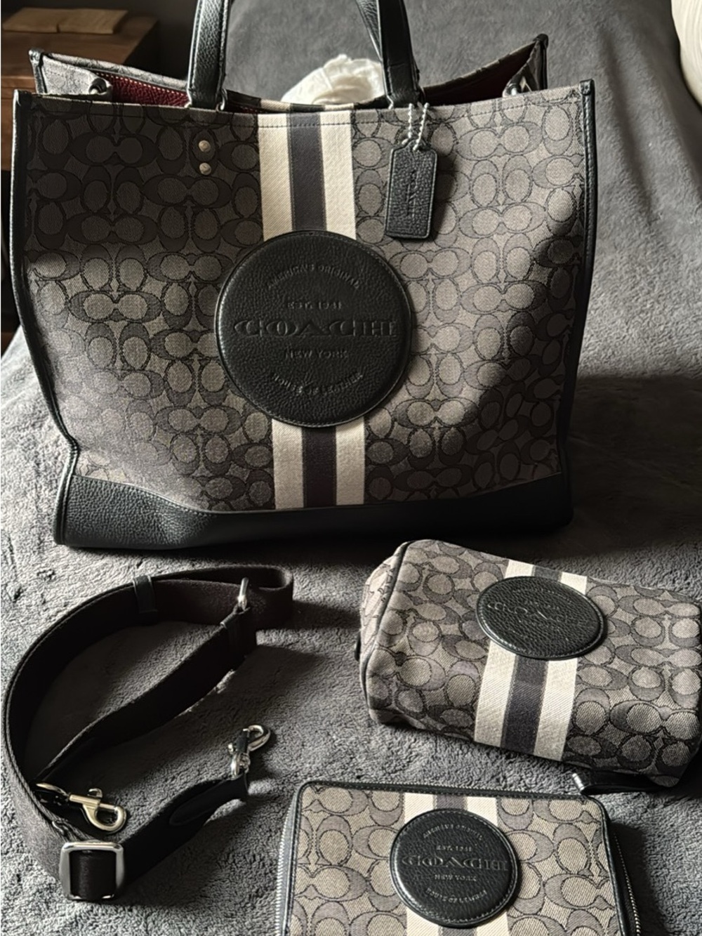 COACH Grey Signature Canvas Tote with Striped Detail 15x15x7